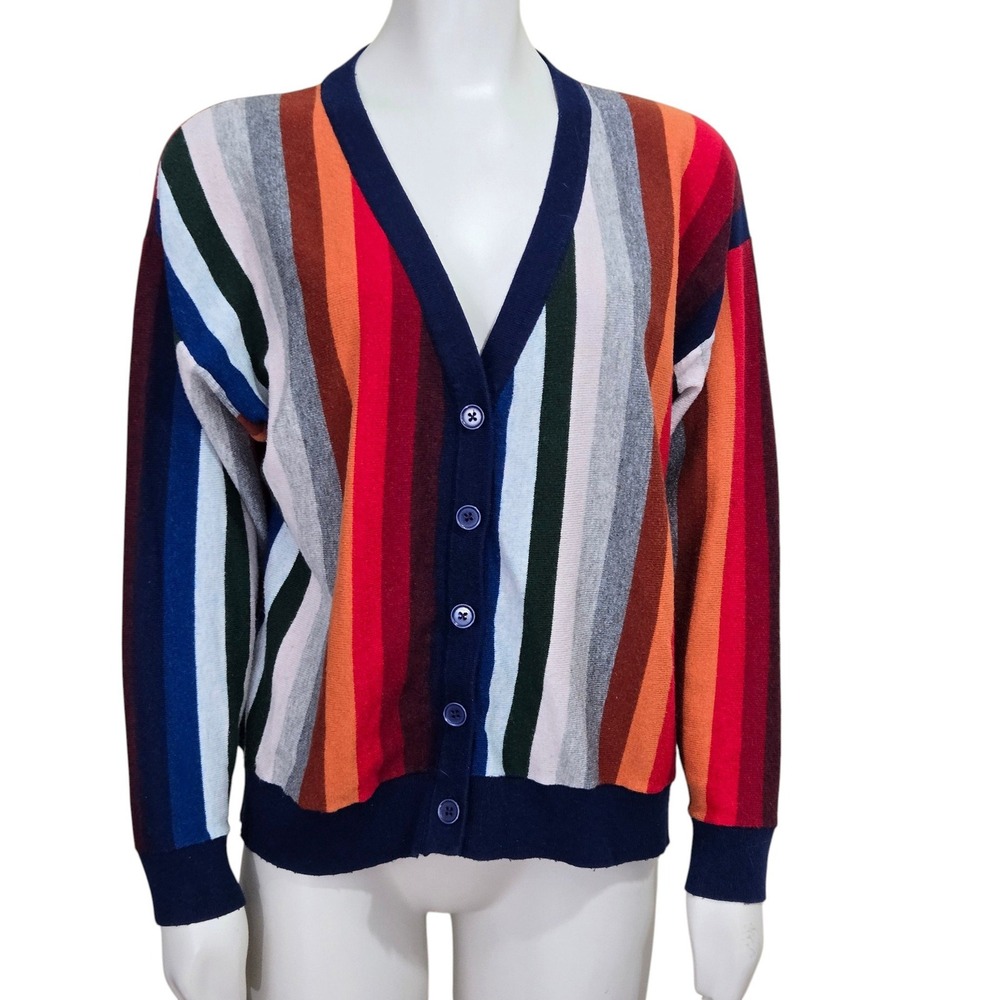 The Great Cardigan Sweater Womens 3 L Multi Color Stripe Wool Blend Co Ed V Neck